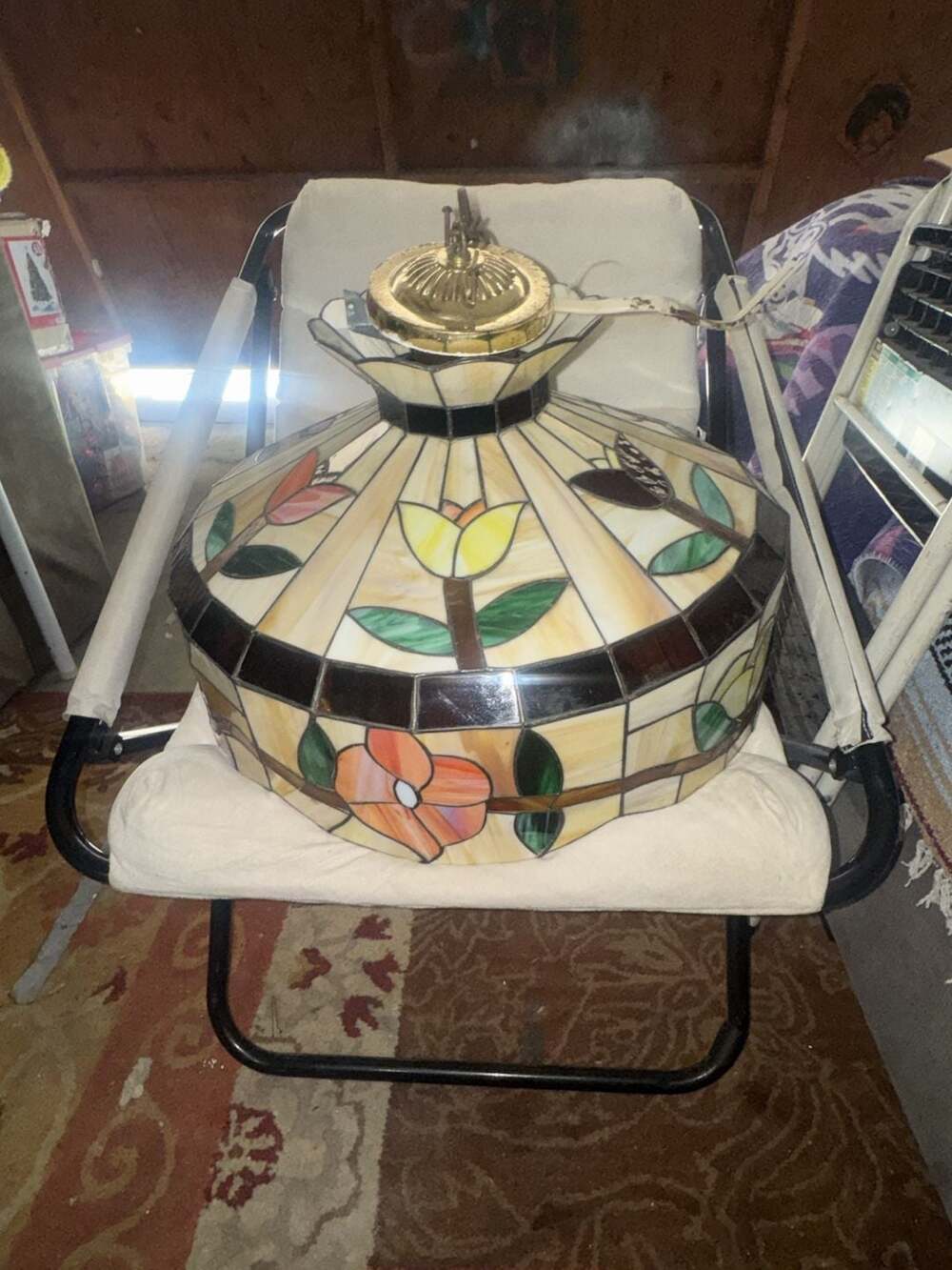 Vintage Swag Pendant Hanging Dome Lamp Tiffany Style Ivory Floral Leaded Texture